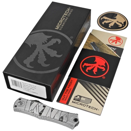 Microtech Hera II Mini D/E Signature Halloween Mummy Wrap Aluminum, Satin M390MK OTF Knife by Tony and Sean Marfione (1702M-1HWMYS)