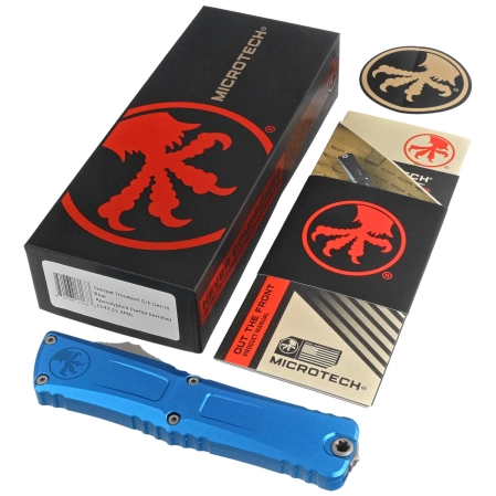 Microtech Combat Troodon Gen III S/E OTF Knife Blue Aluminum, Apocalyptic P/S M390MK by Tony Marfione (1143-11APBL)