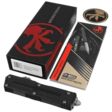 Microtech Scarab II Gen III D/E-S OTF Knife Black Aluminum, Apocalyptic M390MK by Tony Marfione (1180-10AP)