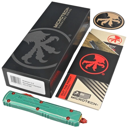 Nóż automatyczny OTF Microtech Ultratech S/E Bounty Hunter Signature Distressed Green Aluminium, Apocalyptic M390 by Tony Marfione (121-10BH)