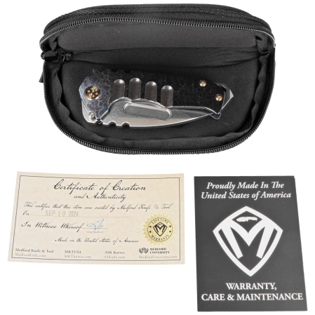 Nóż składany Medford Praetorian Genesis T DP Brushed/Acid Etching/Flamed Blue Titanium, Bronze HW/Clip, Tumbled S45VN by Greg Medford (MK0294TD-03A2-T1C1-BN)