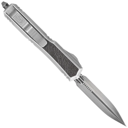 Nóż automatyczny OTF Microtech Makora D/E Signature Silver Distressed Aluminium/Leather, Black Stonewashed M390 by Tony Marfione (206-1MD)