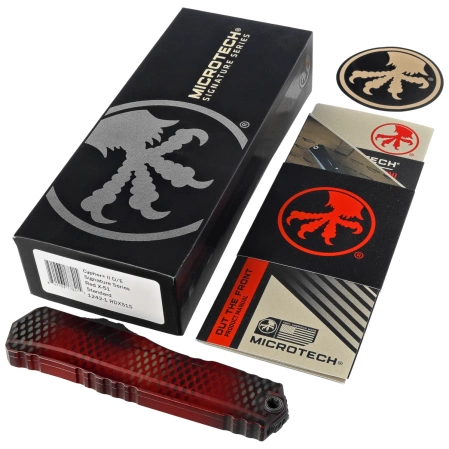 Microtech Cypher II D/E Signature OTF Knife Red X-51 Aluminum, Distressed Black M390MK by Deryk Munroe and Tony Marfione (1242-1RDX51S)
