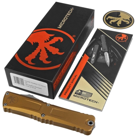 Microtech Combat Troodon Gen III T/E OTF Knife Tan Aluminum, Apocalyptic M390MK by Tony Marfione (1144-10APTA)