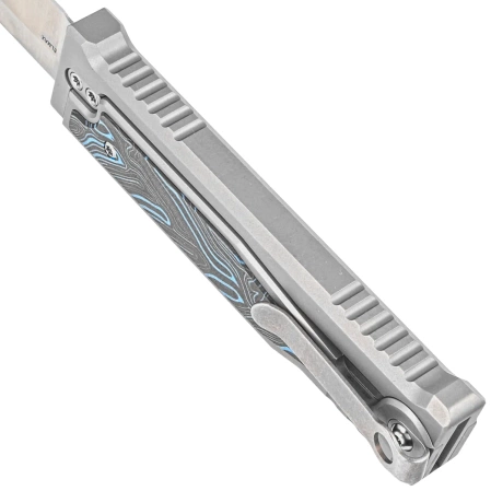 Nóż grawitacyjny Reate EXO-M OTF Gravity Drop Point Bead Blasted Titanium/Damascus Blue-Black G10, Satin Elmax