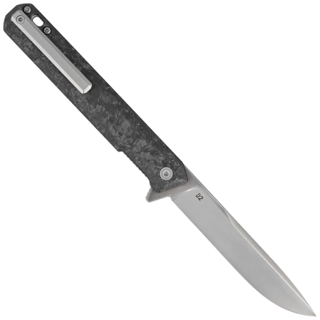 Tekto F2 Bravo Knife Black Forged Carbon Fiber, Silver HW/Clip, Satin D2