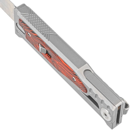 Nóż grawitacyjny Reate EXO-M Gravity D/E Bead Blasted Titanium/Damascus Red-Black G10, Satin Elmax