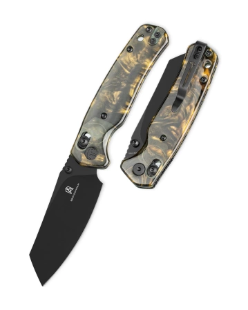 Bestechman Cicada's Wing Knife Dark Gold Patterned Resin, Black PVD 10Cr15MoV (BMK06S)