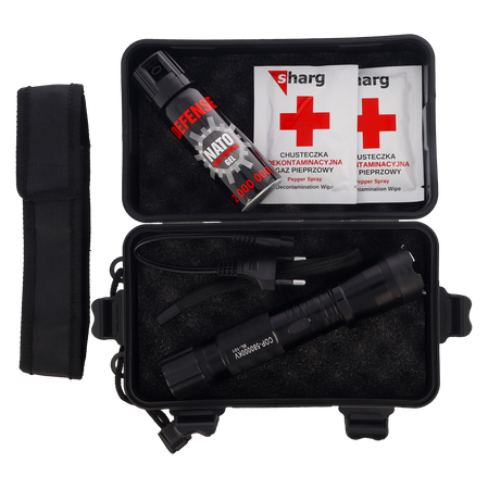 Zestaw obronny 4w1 Gaz pieprzowy Sharg Nato Defence, Dwie chusteczki, Paralizator, Skrzynka Survivalowa