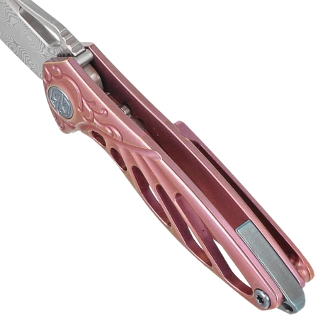 RikeKnife Mini Hummingbird Pink Titanium, Rose Damascus by Richard Wu (RK-MINI-PI)
