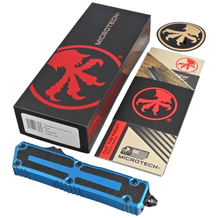 Microtech Scarab II Gen III D/E OTF Knife Blue Aluminum, Black M390MK by Tony Marfione (1280-1BL)