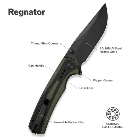 Sencut Regnator Knife Green / Black G10, Black 9Cr18MoV (S24057-2)