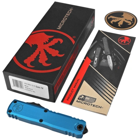 Microtech UTX-85 Gen IV D/E OTF Knife Blue Aluminum, Black M390MK by Tony Marfione (12324-1BL)