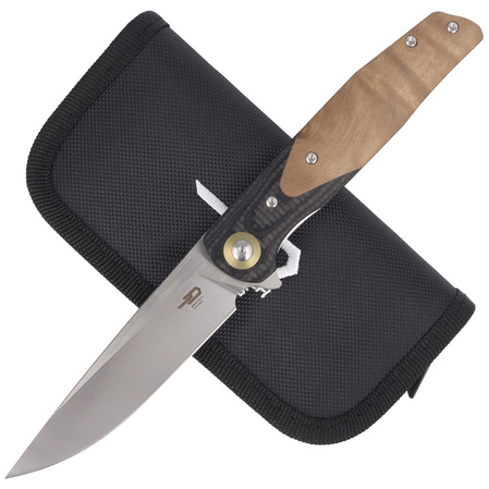 Bestech Ascot Black Carbon Fiber/G10 Lightburl Wood, Satin 14C28N Knife (BG19D)