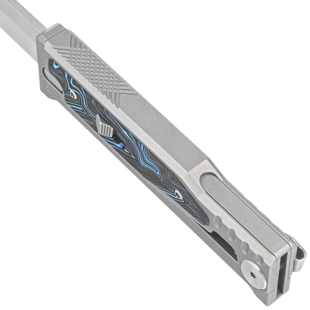 Reate EXO-M Gravity Drop Point Knife Bead Blasted Titanium/Damascus Blue-Black G10, Satin Elmax