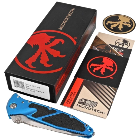 Microtech Socom Elite T/E-M Knife Blue Aluminum, Stonewashed M390 by Tony Marfione (161-10BL)